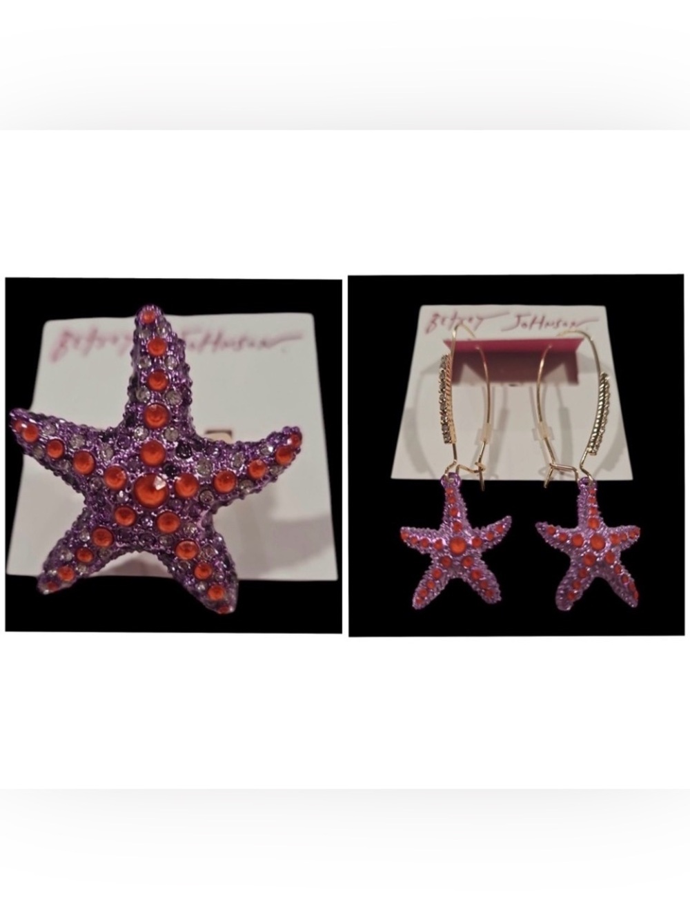 BETSEY JOHNSON SET Mermaid Life Red Crystals Purple Starfish Ring Earrings NWT